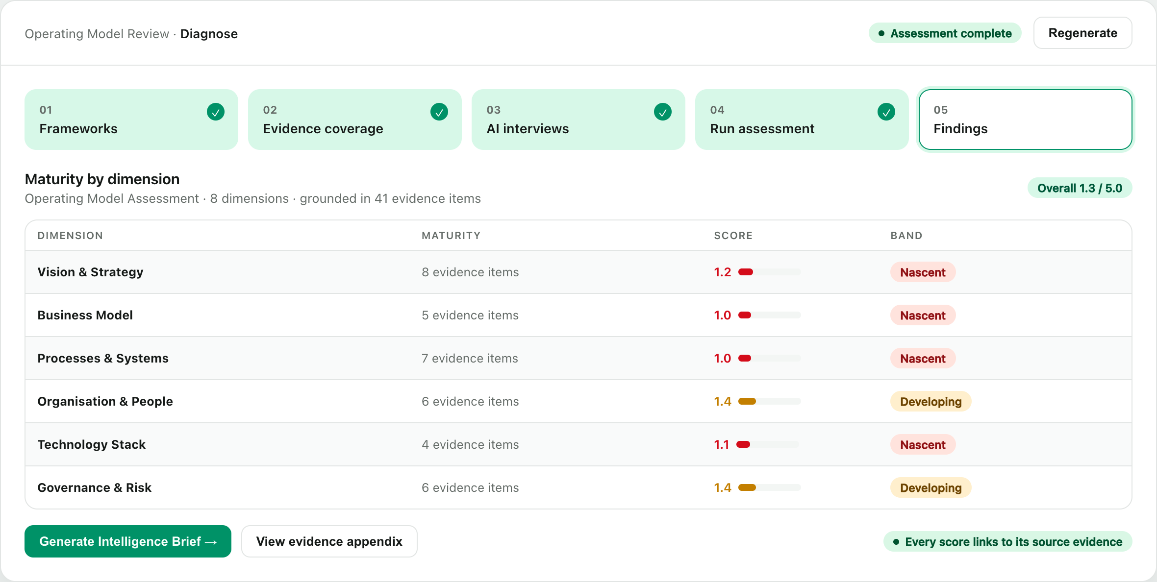 A self-serve framework assessment scored against a baseline, with evidence-linked findings