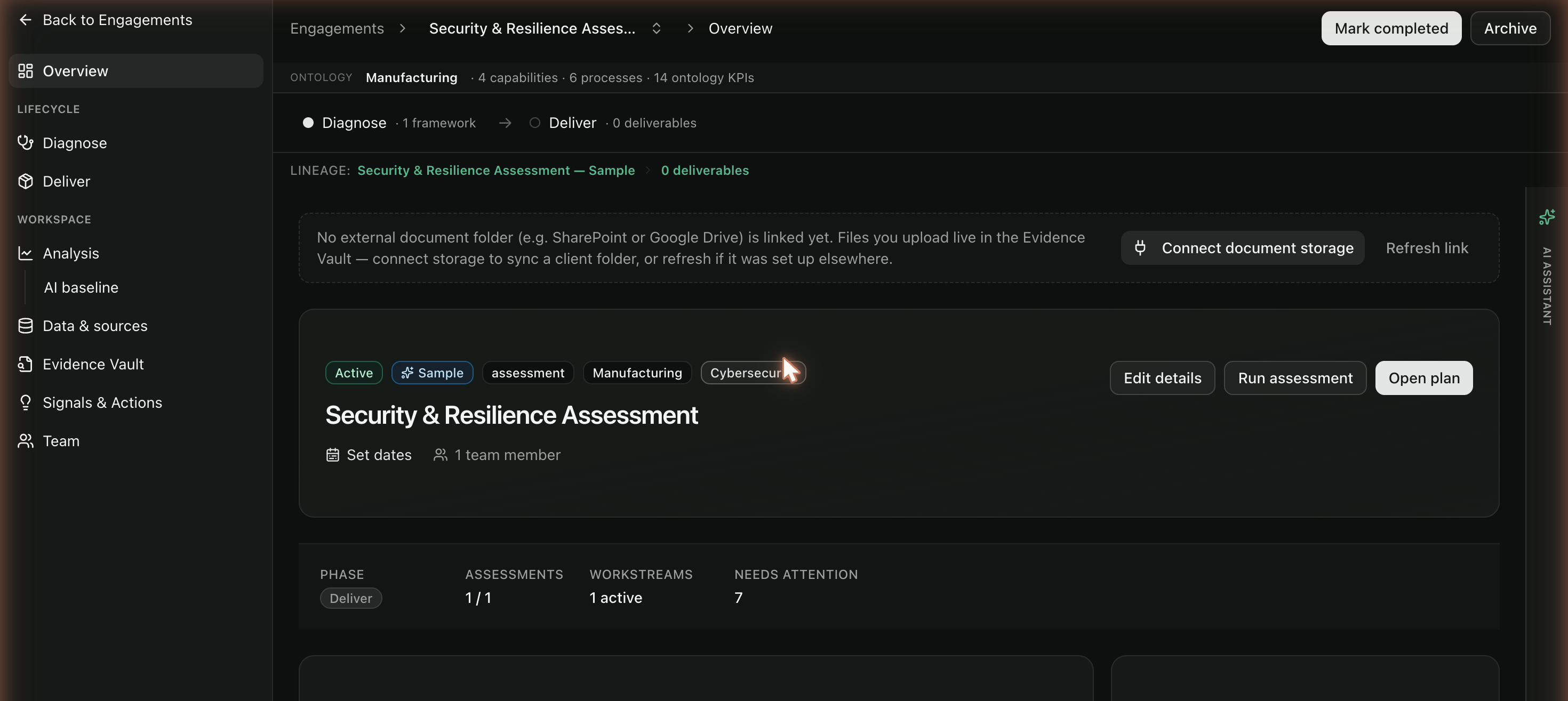 Celeredge engagement workspace showing the industry ontology header and the Diagnose to Deliver lifecycle stepper