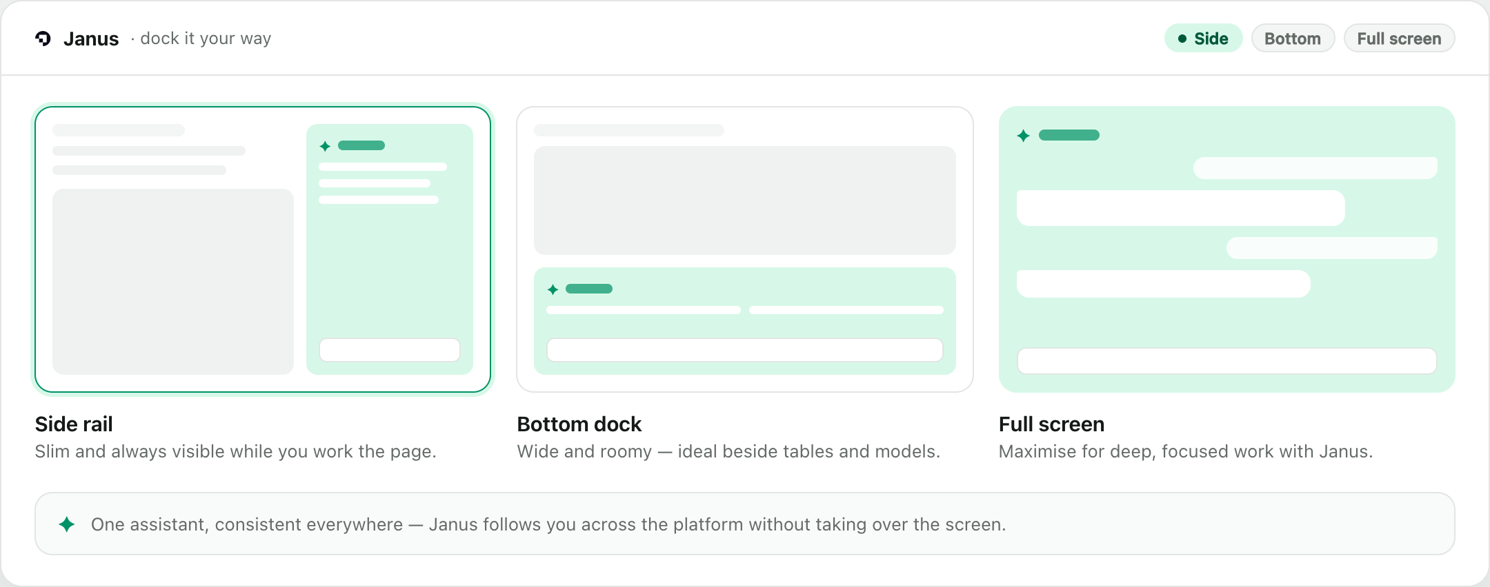 Janus docked three ways: a slim side rail, a wide bottom dock, or full screen for deep work